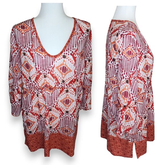 Oleg Cassini Sport Boho Ikat Tunic Top Red Orange Cotton Blend V-Neck Size XL - Picture 3 of 15
